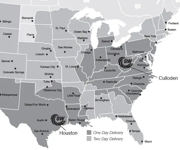 Service Wire one- and two-day delivery map