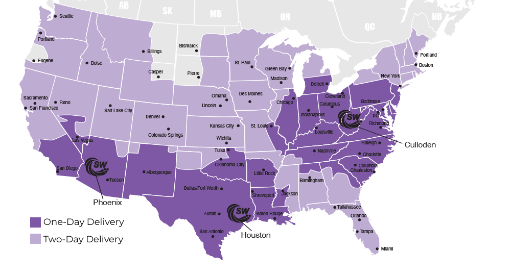 Service Wire One- and Two-Day Delivery Map